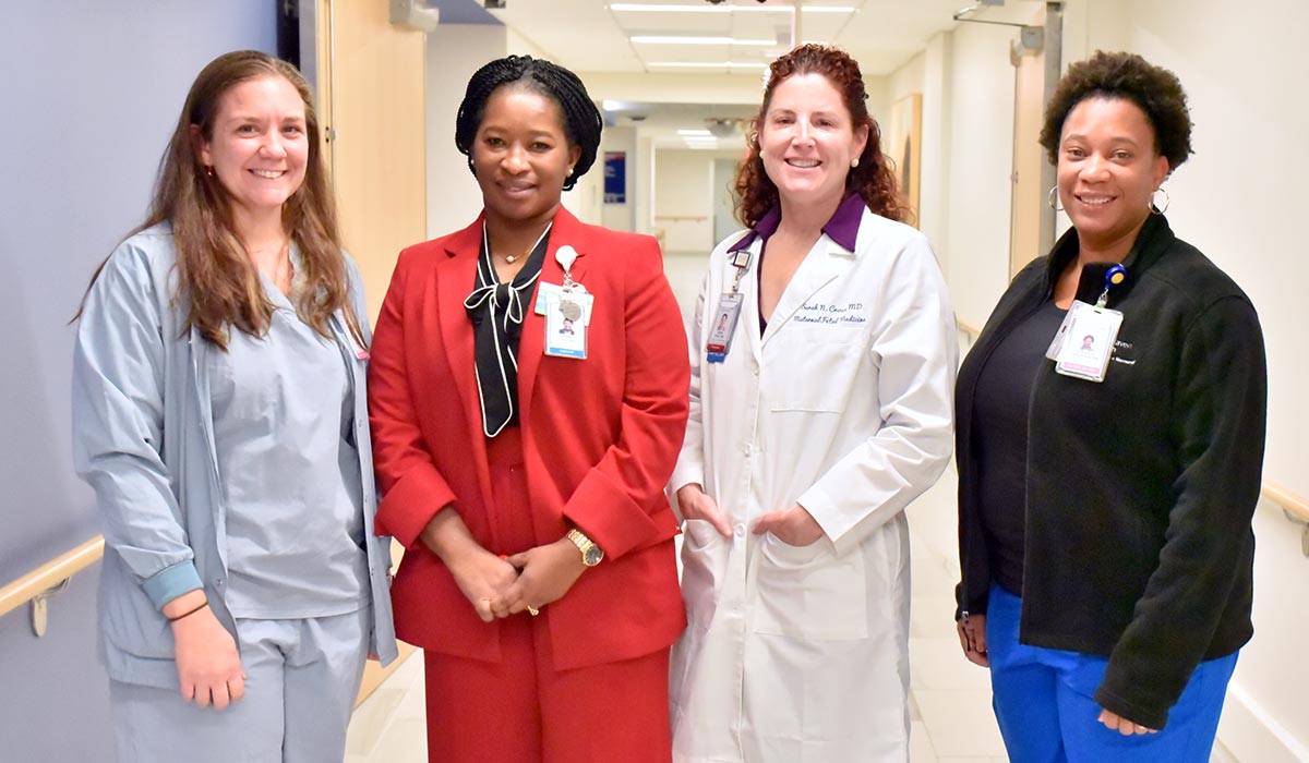 Jessica Sionni, RN, Maternity; Zainab Cole, RN, director of Nursing Excellence, Women and Children, Critical Care; Sarah Cross, MD, L+M chair of Obstetrics and Gynecology; and Sharelle Sorensen, RN, nursing professional development specialist